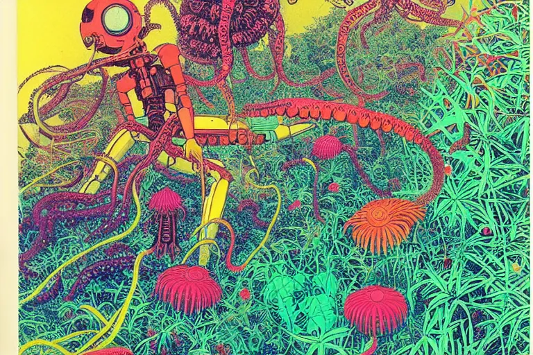 Image similar to risograph grainy drawing vintage sci - fi, satoshi kon color palette, gigantic gundam full - body covered with iridescent worms and plants 1 9 6 0, kodak, with lot tentacles and exotic flowers, natural colors, codex seraphinianus painting by moebius and satoshi kon and dirk dzimirsky