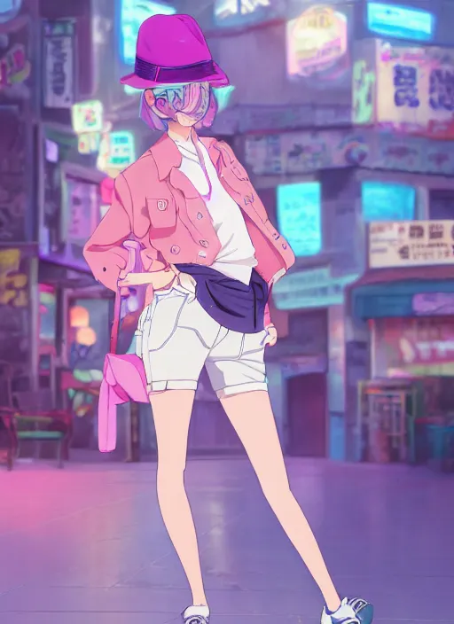 Image similar to a young woman, with a wavy short pink hair and pink fedora hat, wearing a light pink jacket with a dark blue tie, purple gloves and blue jeans shorts and white shoes. She is holding blue neon strings tied on her hand, rich vivid colors, ambient lighting, dynamic lighting, 4k, official media, anime key visual, makoto shinkai, ilya kuvshinov, lois van baarle, rossdraws, detailed, trending on artstation