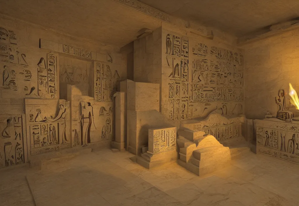 Image similar to 3 d ancient egyptian tomb isometric rts style game map, statues and hieroglyphics along wall, large ornate golden scarab doorway, torch light, dynamic lighting, sharp focus, artstation hq, 8 k, intricate, subsurface scattering, ray tracing, vivid colors, octane render