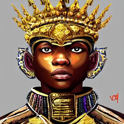 Prompt: a young black boy dressed like an african moorish warrior in gold armor and a crown with a ruby, and a very ornate glowing electric spear!, for honor character digital illustration portrait design, by android jones in a psychedelic fantasy style, dramatic lighting, hero pose, wide angle dynamic portrait