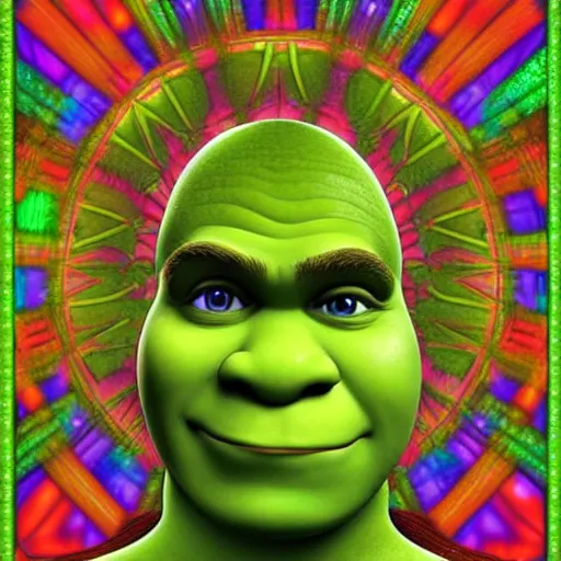 Prompt: a detailed digital art of Shrek in the style of Alex Grey, psychedelic, fantasy, 8k, ornate, intricate