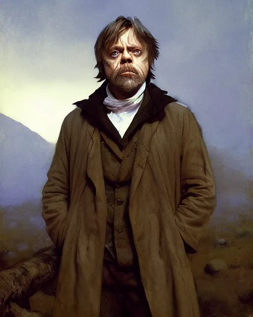 Image similar to mark hamill as a grizzled emanciated drunk poet. fantasy science fiction art by greg rutkowski, gustave courbet, rosa bonheur, edward hopper. faithfully depicted facial expression, perfect anatomy, sharp focus, global illumination, radiant light, detailed and intricate environment, trending on artstation