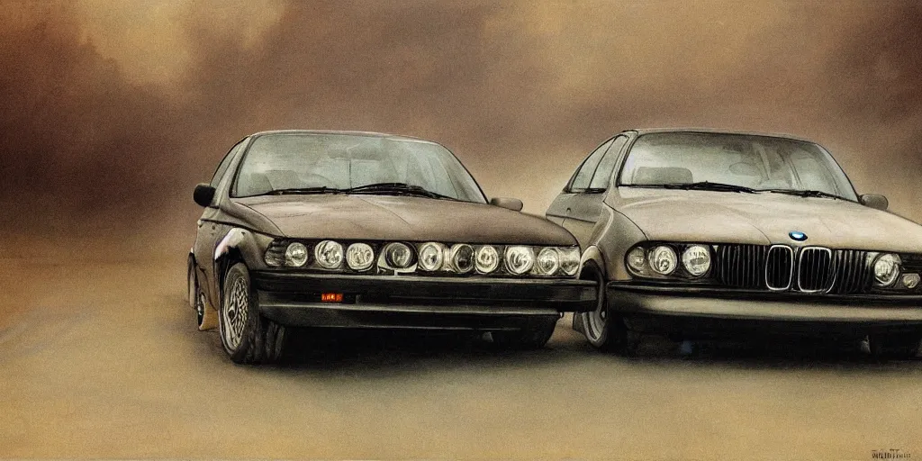 Image similar to bmw e 3 5 in full speed in a empty street, mad max kieth thomsen, zdzislaw beksinski