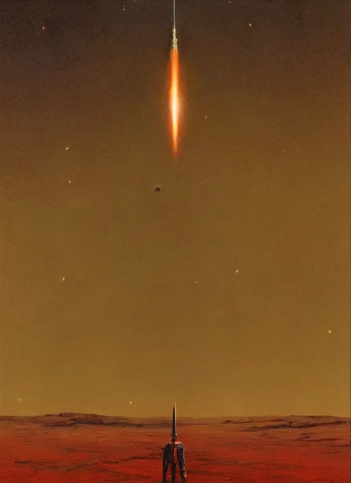 Prompt: A painting in a style of Beksinski featuring Elon Musk on mars. There is a group of rocket in the sky. Very detailed, symmetry