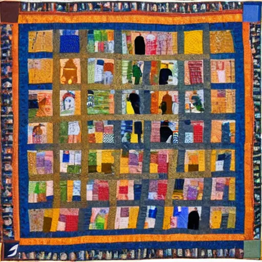 Image similar to folk art quilt showing a twitter argument, museum of modern art, new york