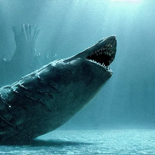 Image similar to horror movie still about a giant underwater sea creature, dark, scary