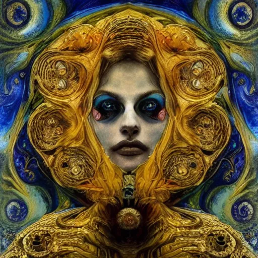 Image similar to Memento Mori by Karol Bak, Jean Deville, Gustav Klimt, and Vincent Van Gogh, beautiful visionary mystical portrait, calavera, otherworldly, fractal structures, ornate gilded medieval icon, third eye, spirals, jeweled calavera by Van Gogh and Amano