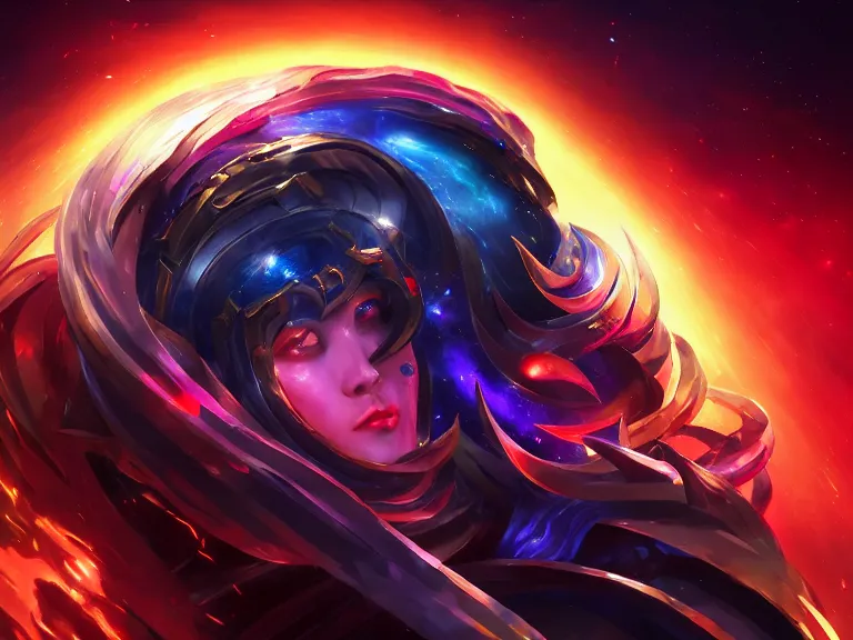 Image similar to portrait of cosmic emperor, overflowing with energy, nexus of the universe, black hole, rule of thirds, red and blue gradient, photorealistic facial features, league of legends splash art, by chengwei pan, huang guangjian, viktoria gavrilenko, artgerm, greg rutkowski, 8 k, octane, digital painting, artstation