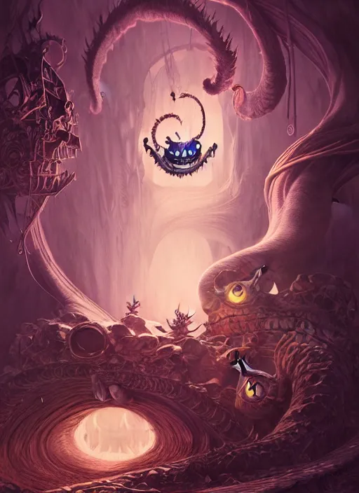 Image similar to sinister cheshire cat in hell, concept art, digital illustration, by rossdraws, frank franzzeta, intricate, masterpiece, elegant, hyper detailed, artstation, unreal engine rendered, concept art, smooth, sharp focus, illustration, art by artgerm and greg rutkowski and alphonse mucha and garis edelweiss