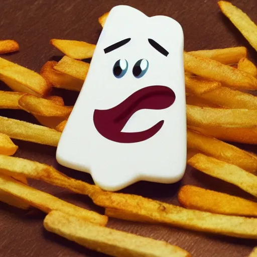 Image similar to photo of [ a single salted french fry chip ] shaped like that looks like stephen fry as a pixar character hybrid intercross mix cinematic lighting