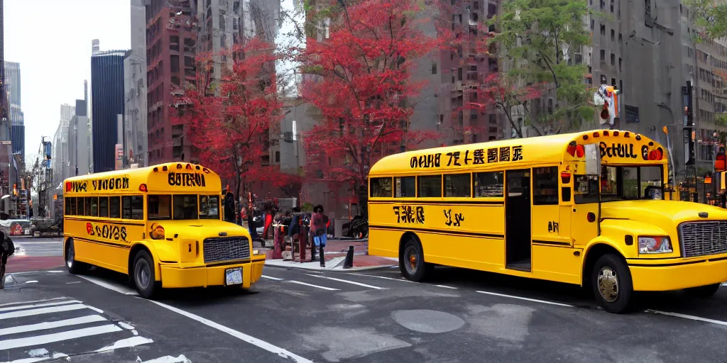 Image similar to Yellow school bus, driving towards a red japanese Torii gate at New York location in USA, ray tracing