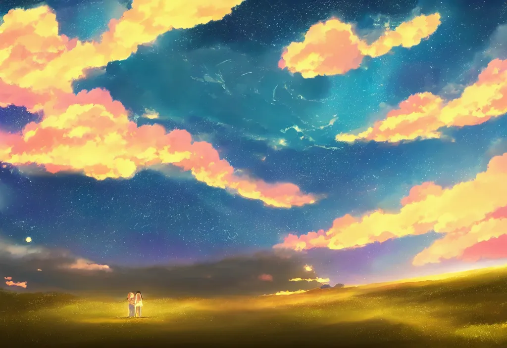 Prompt: breathtaking digital painting of the sky of kimi no na wa, by celestialfang, ghibli, pastel colors and shooting star in northern light love, lovers under skies