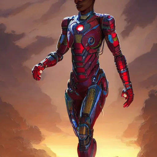 Prompt: highly detailed an african american woman in with the ironman random suit from the future gta v, stephen bliss, unreal engine, fantasy art by greg rutkowski, loish, rhads, ferdinand knab, makoto shinkai and lois van baarle, ilya kuvshinov, rossdraws, tom bagshaw, global illumination, radiant light, detailed and intricate environment