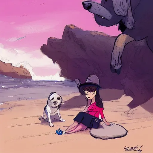 Image similar to girl with a dog sitting by the beach, by brian kesinger and james gurney, artstation