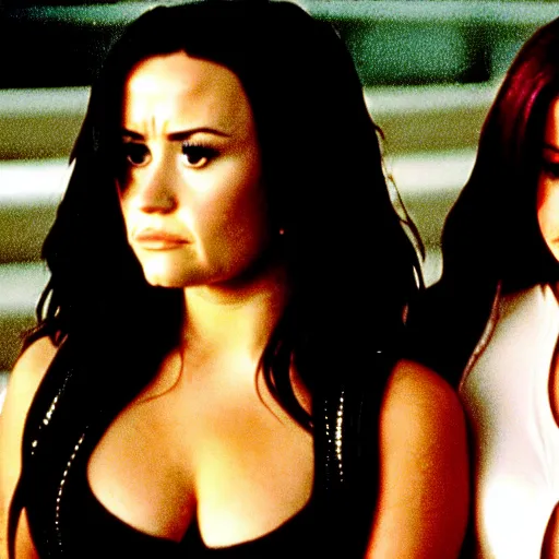 Image similar to close-up of Demi Lovato as Piper Halliwell and Selena Gomez as Phoebe Halliwell and Ariana Grande as Prue Halliwell in a Charmed movie directed by Christopher Nolan, movie still frame, promotional image, imax 35 mm footage