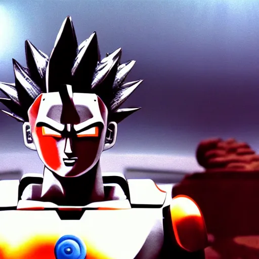 Image similar to movie still of robot goku, cinematic composition, cinematic light, criterion collection, by wes craven