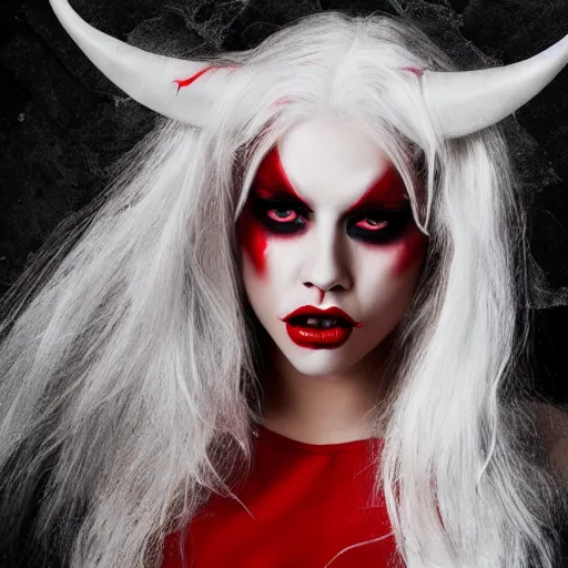 Prompt: Demon Woman with Red Lips and Long White Hair Domenic Engres Style