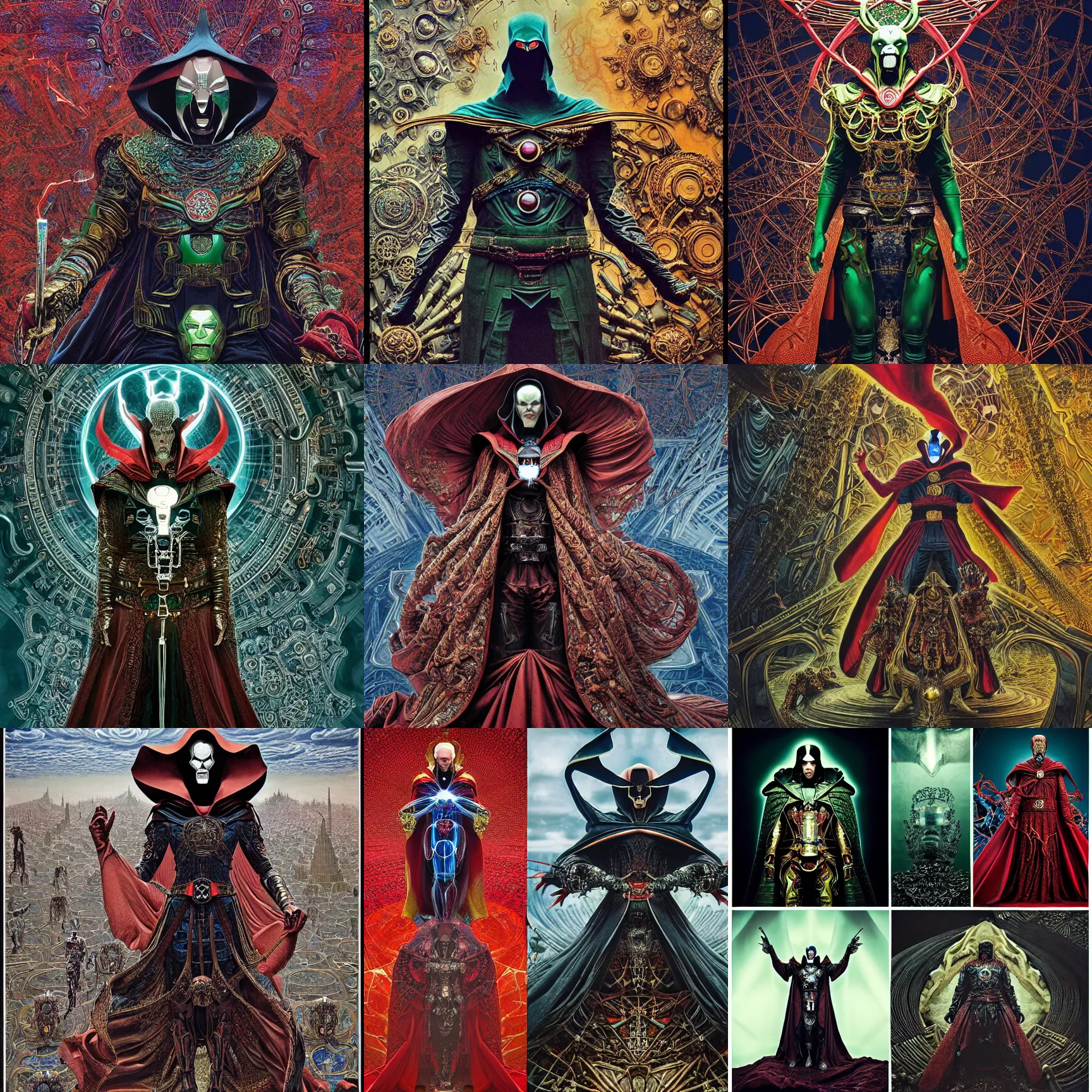 Prompt: symmetric frame of dr doom from Doctor Strange movie, dr doom in ornate scale armour, byguo pei and alexander mcqueen metal couture editorial, eldritch epic monumental attack by beksinski by Yuko Shimizu