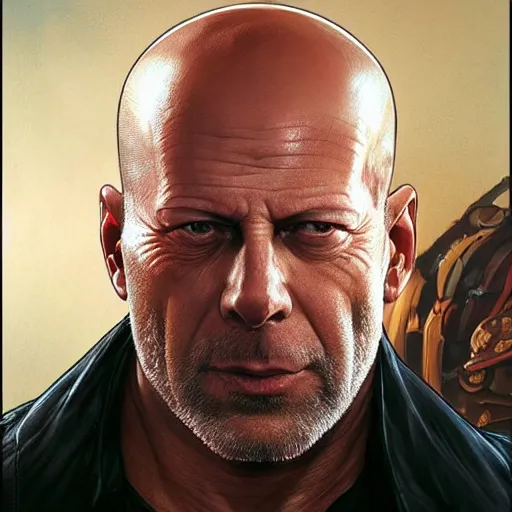 Image similar to bruce willis as sagat from street fighter, wearing an eye patch, 4 k, ultra realistic, detailed focused art by artgerm and greg rutkowski and alphonse mucha