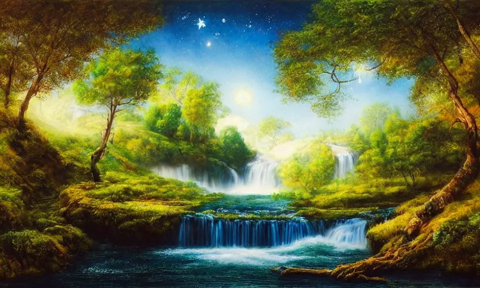 Image similar to the most beautiful panoramic landscape, oil painting, where a giant dreamy waterfall creates a river, the trees around are starting to bloom, shooting star, cinematic lighting, highly detailed, very realistic