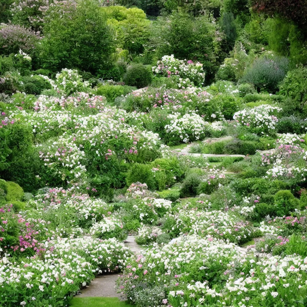 Prompt: a gorgeous classic garden filled with beautiful flowers in different shades of pale green, paul gaugain