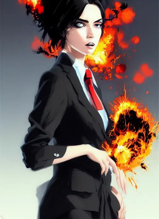 Image similar to a ultradetailed beautiful panting of a stylish woman wearing a shirt with a tie, she has black hair, bored, background firey explosion and riots, by ashley wood, ilya kuvshinov, greg rutkowski on artstation