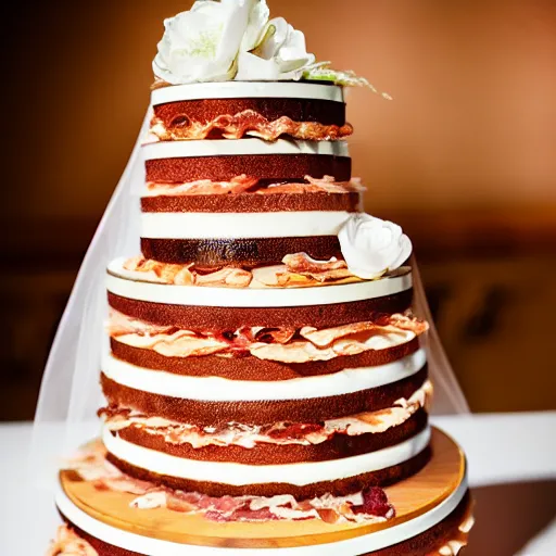 Prompt: a wedding cake made of bacon, hd professional food photography