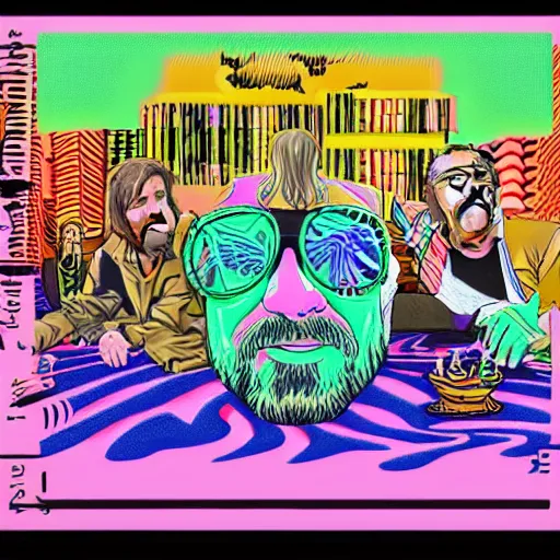 Prompt: Geoff Dude Lebowski LSD blotter art