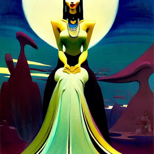 Image similar to a beautiful painting of a queen in a designer dress sitting on a throne, by bruce pennington, by eyvind earle, nicholas roerich, by frank frazetta, by georgia o keeffe, by dean cornwell, highly detailed, contest winner, eerie, ominous, tonalism, jewels, rich baghdad, oriental, desaturated, anime