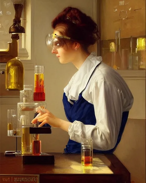 Image similar to a female professor doing experiments in her lab, oil on canvas, artstation, by j. c. leyendecker and edmund blair leighton and charlie bowater, beautiful face, octane, very aesthetic!!!!!!!!!!!!!!!