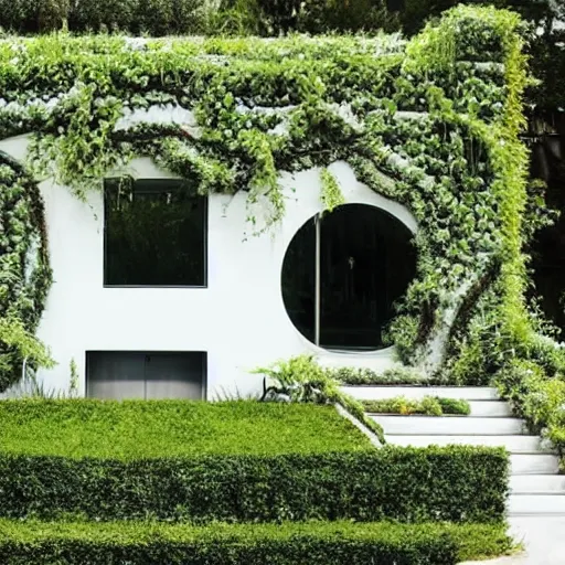 Image similar to futuristic house white covered in plants, hanging vines, motorcycle