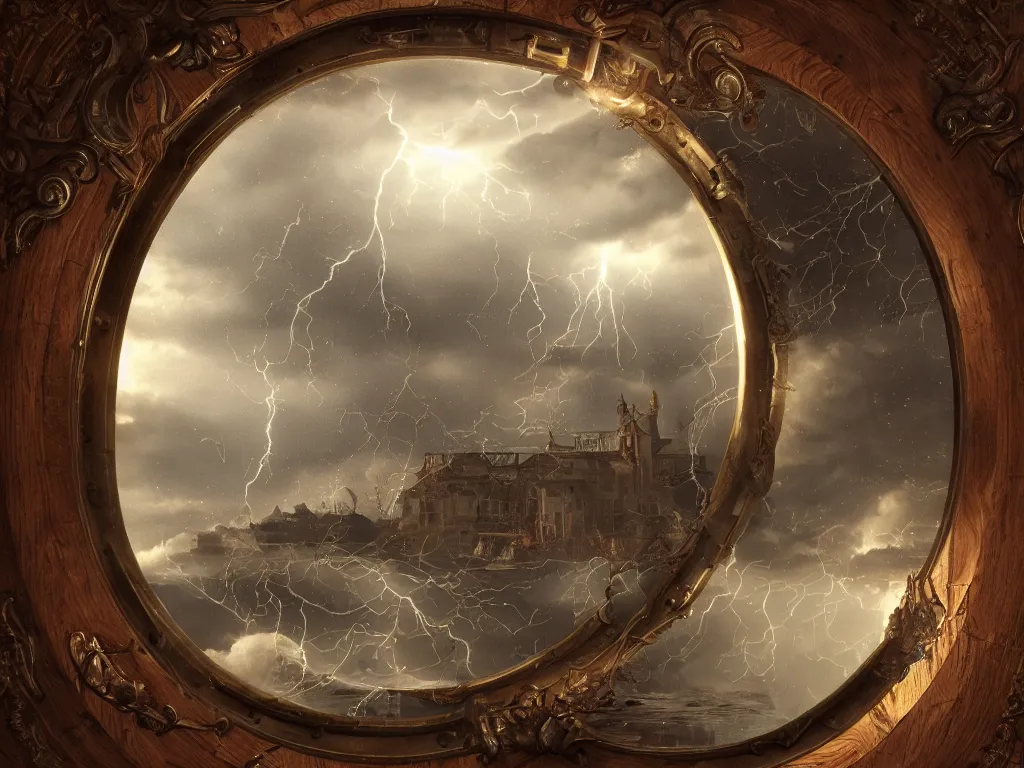 Image similar to richly decorated Victorian modular synthesizer, modern, beautiful, detailed wood, photorealistic, photorealism, lightning, clouds, the winter light comes in through a porthole, volumetric fog