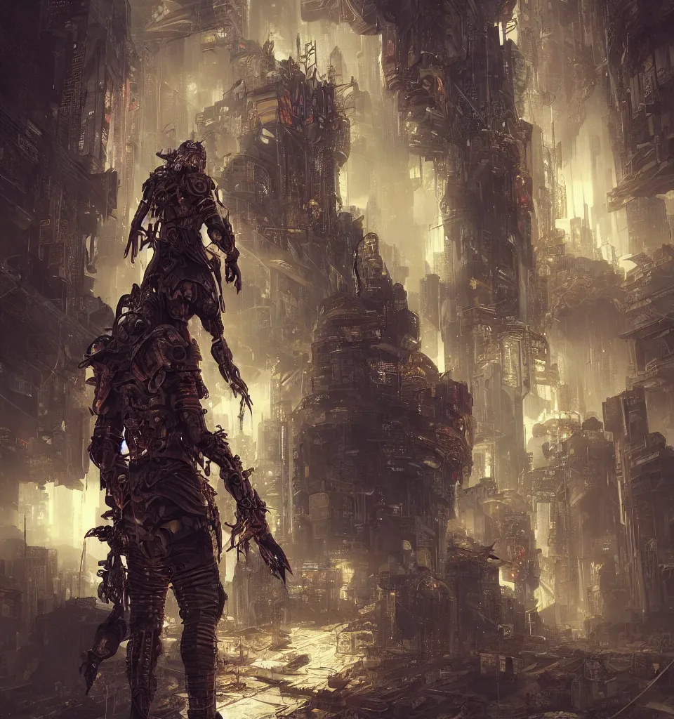 Image similar to cyberpunk gladiator, cinematic, highly detailed, octane render, cg, rich cinematic atmosphere, perfect digital art, mystical journey in strange world, Mystical, cyberpunk, tech war, sci-fi, surreal, glowing lights, sharp focus, high detailed, by Akihiko Yoshida, michael whelan and Karol Bak