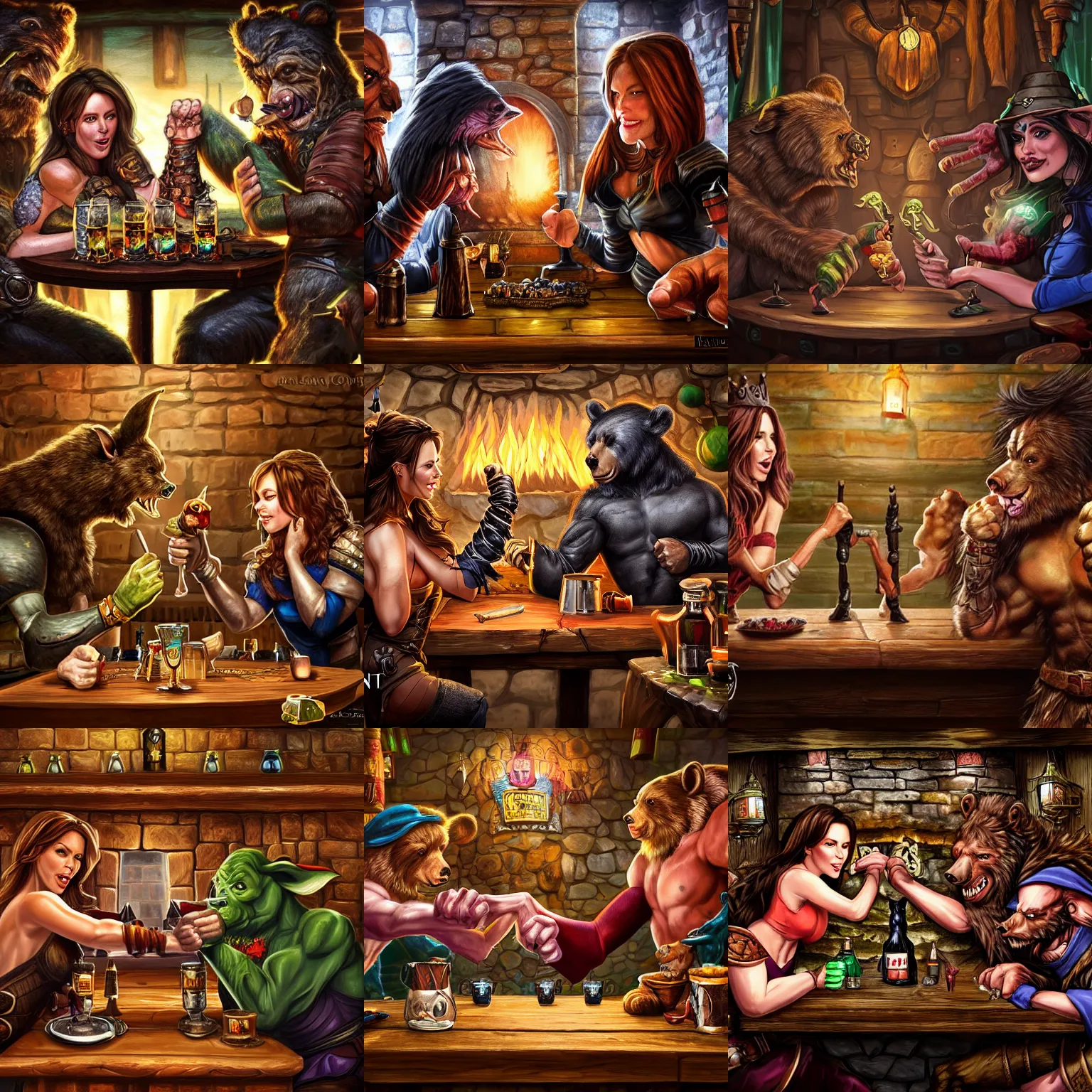 Prompt: goblin arm wrestling with kate beckinsale, sit in fantasy tavern near fireplace, behind bar deck with bear mugs, medieval dnd, colorfull digital fantasy art, 4k