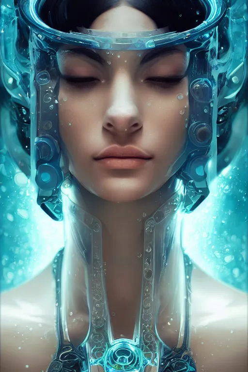 Prompt: a centered render of an alluring futuristic goddess with slight cyborg modifications surrounded by a underwater ink pour and flowing liquid gallium and sacred geometry, perfect body and face, powerful, cinematic, beautifully lit, by artgerm, by karol bak, 3 d, trending on artstation, octane render, 8 k