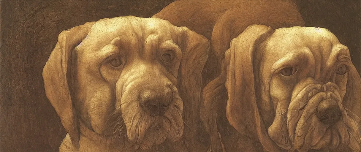 Prompt: studio portrait of a wizened old dog; extremely detailed; oil painting by Leonardo da Vinci