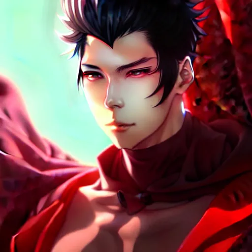 Image similar to anime portrait of a slick black hair guy with red eyes by stanley artgerm lau, wlop, rossdraws, james jean, andrei riabovitchev, marc simonetti, and sakimichan, trending on artstation