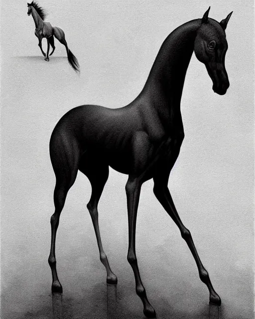 Image similar to painting of hybrid between black weimaraner & black stallion horse! & intercrossed animal, by zdzislaw beksinski, by mattias adolfsson, by tiffany bozic, cold hue's, warm tone gradient background, concept art, beautiful composition,