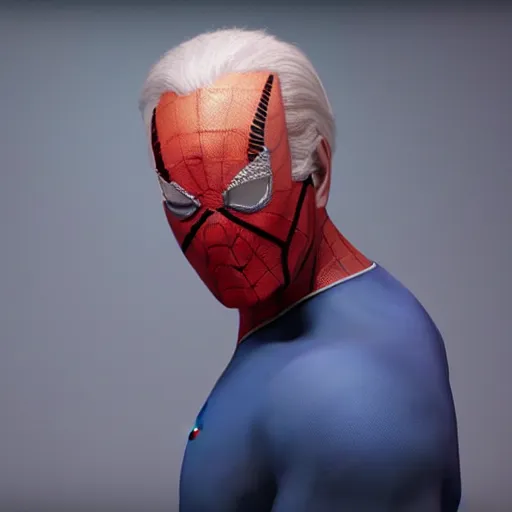 Image similar to Joe Biden cast as spider-man, mask off, still from marvel movie, hyperrealistic, 8k, Octane Render,