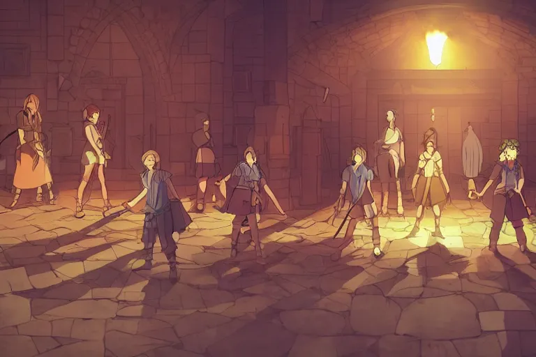 Image similar to cell shaded key visual of a group of adventurers in a dungeon, dramatic lighting, in the style of studio ghibli, moebius, makoto shinkai,