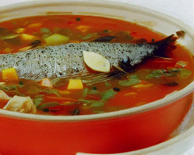 Image similar to 1970's cookbook color photograph of fish head soup sharp detail high detail