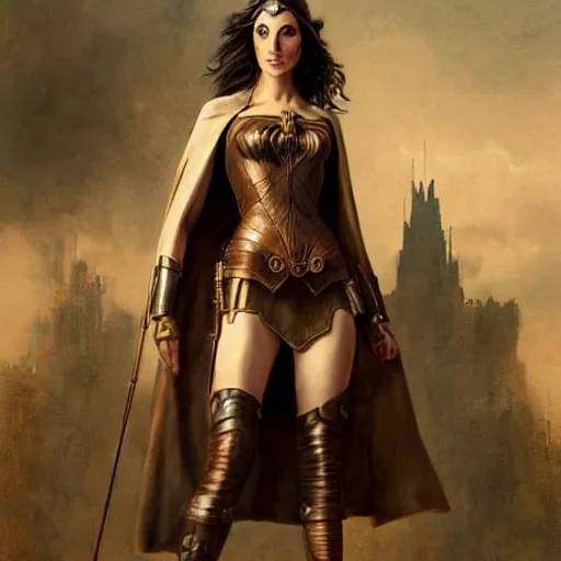 Image similar to highly detailed steampunk gal gadot standing, cape : leonardo da vinci, greg rutkowski, magali villeneuve