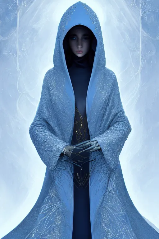 Prompt: detailed beautiful hooded noun in blue gold coat, seductive confident pose, attractive feminine curves, intricate details, futuristic, elegant cape, elegant, white, blue, black, photorealism, trending on artstation, holy halo, advanced technology, art by moebius and vitaly bulgarov and chanthara