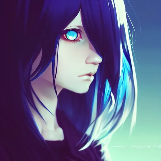 Image similar to two amber eyes, long blue - haired girl, bangs, gothic, anime character, noir, screenshot, anime, sharp focus, intricate, illustration, cell shaded, digital painting, highly detailed, concept art, matte, art by ilya kuvshinov, wlop, greg rutkowski, studio quality, james jean, artem demura