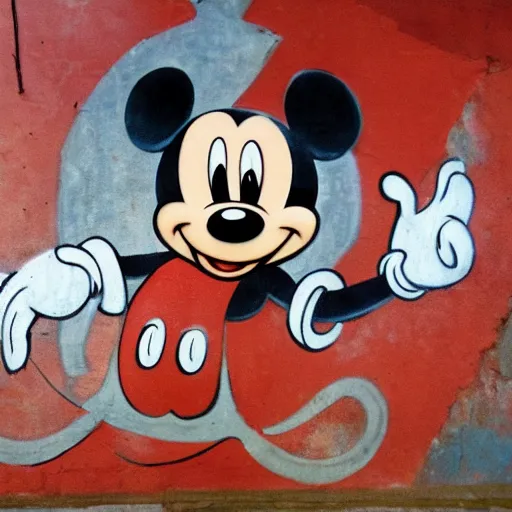 Prompt: Ancient mural painting representing Mickey Mouse