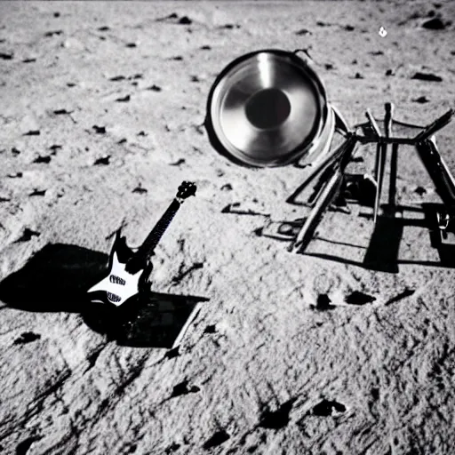 Image similar to photo of an idle electric guitar and a beer can sitting on the moon surface. atompunk