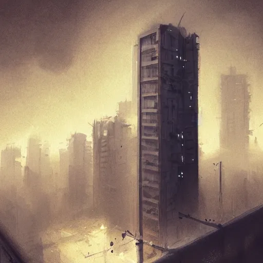 Image similar to illustration of a tall apartment building in a city made of concrete, dramatic lighting, illustration by Greg rutkowski, Shaun Tan art, yoji shinkawa, 4k, digital art, concept art, trending on artstation