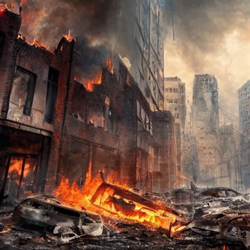 Prompt: the strenght of a horrifying fire in a destroyed dystopian city, very hyperrealistic picture, 4k