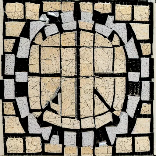 Image similar to from outside looking within the dimly lit ancient temple, punisher symbol in the form of a detailed tile floor mosaic in the form of punisher symbol in spotlight