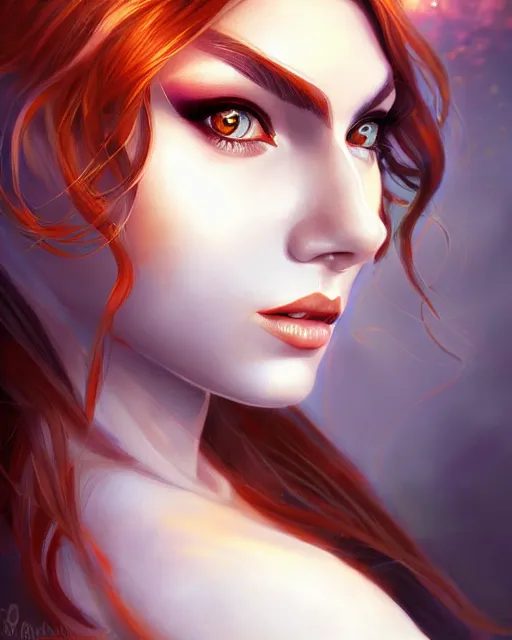 Prompt: auburn supermodel portrait with high cheekbones and fierce eyes, magical flower priestess, halo of light, WLOP and Artgerm, artstation